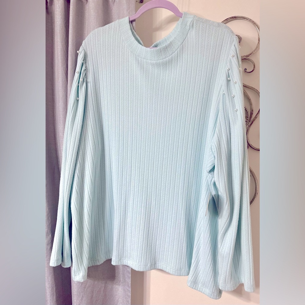 Plus size Mock Neck perforated/Pearl detailed sweater Blouse
